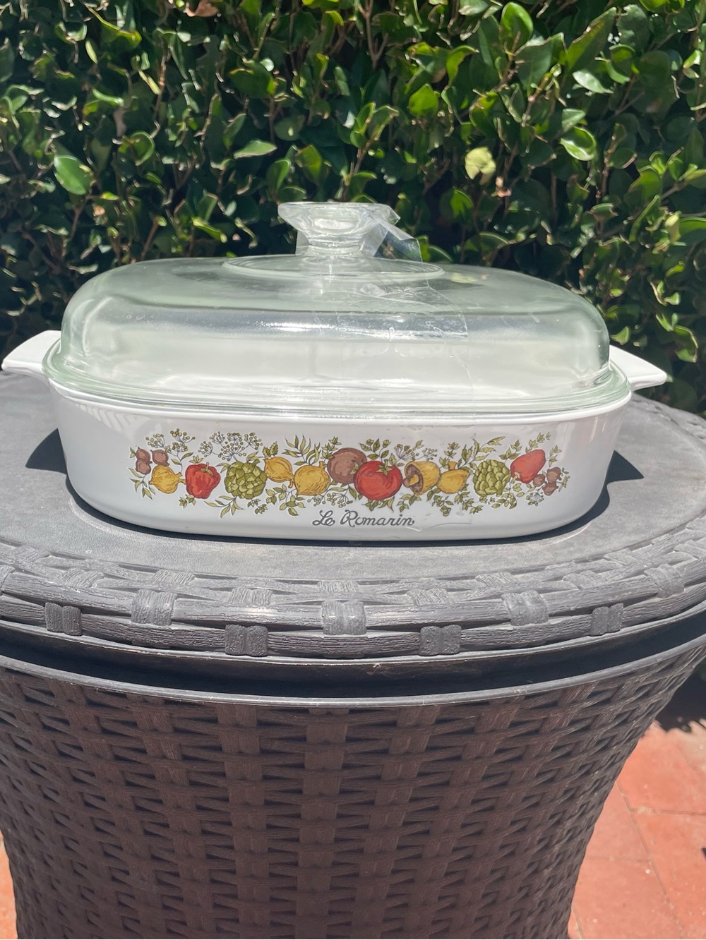 Vintage Corningware Casserole with Fruit & Floral & Clear Lid Pyrex 2.5 quart